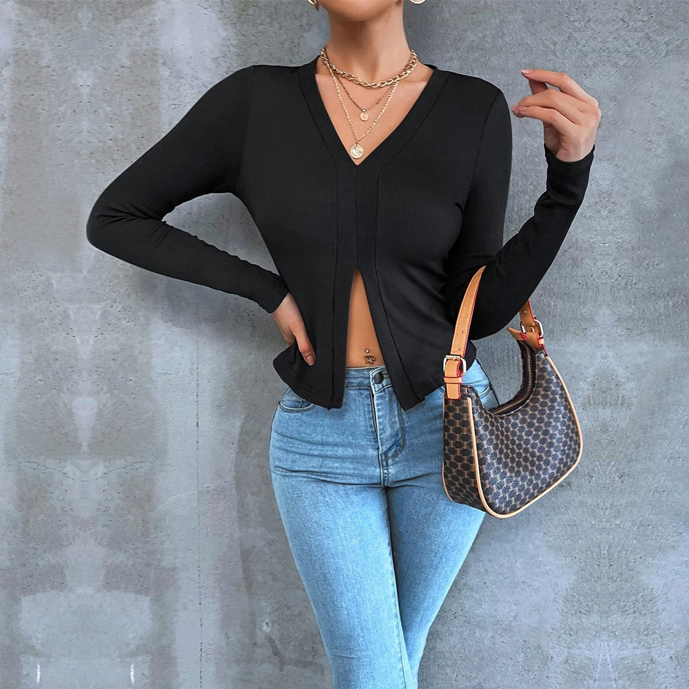 ZARA Spring Summer Office Chic Long Sleeve Slim Fit Crop Top Side Slit T-Shirt